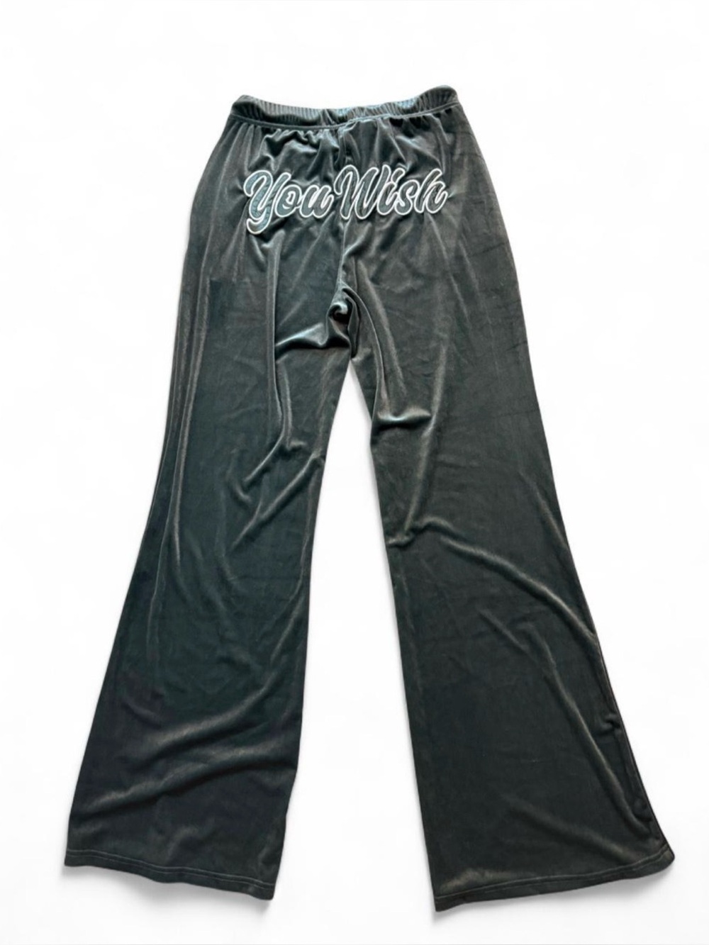 Adika Teal Green Velvet Wide Leg Flare Sweatpants White Embroidery “You Wish”